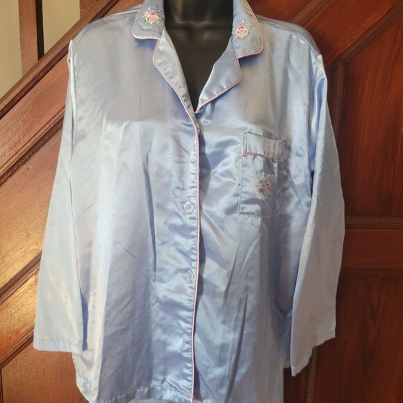 Anthony Richards Womens Light Blue Satin Pajama Set Embroidered Collar Pocket Lp - Picture 3 of 11